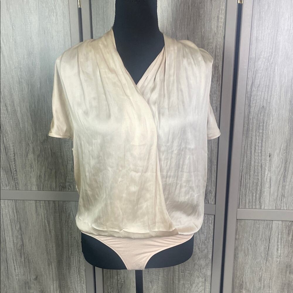 PAIGE Dijon Short Sleeve Faux Wrap  Front Ecru Bodysuit Women's M